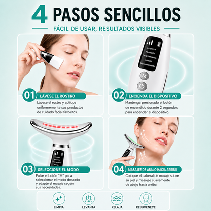 Masajeador LED para Rostro y Cuello | Antiarrugas con Luz Roja y Vibración
